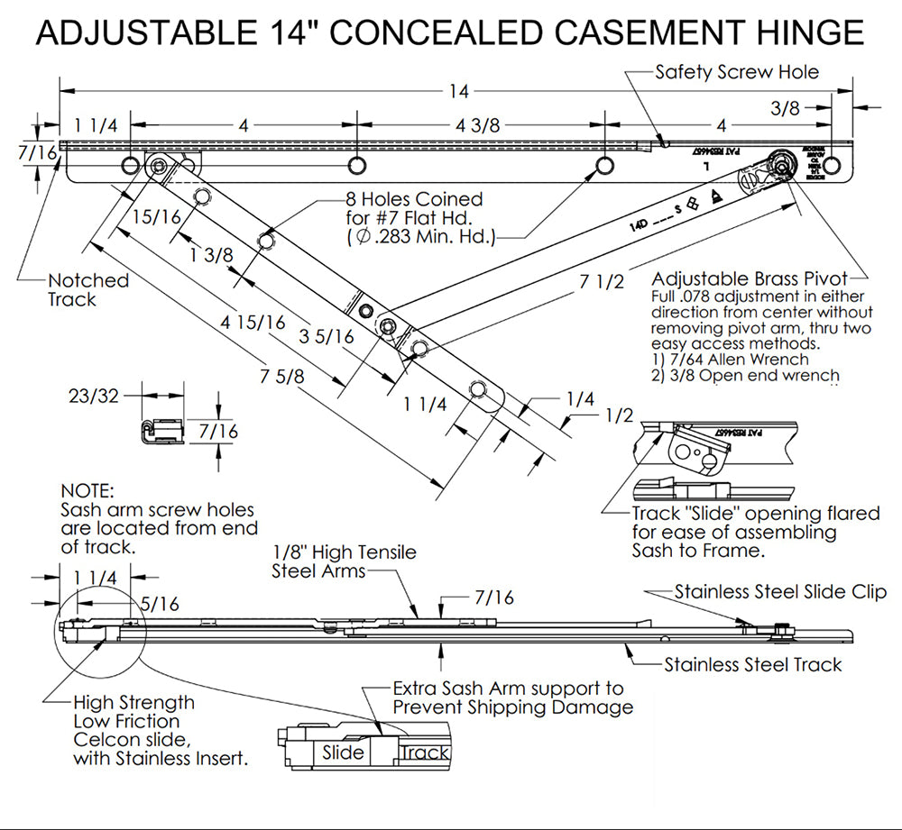 Generic Casement window 14" Washable hinge arm 6-15/16 opening - Stainless Steel