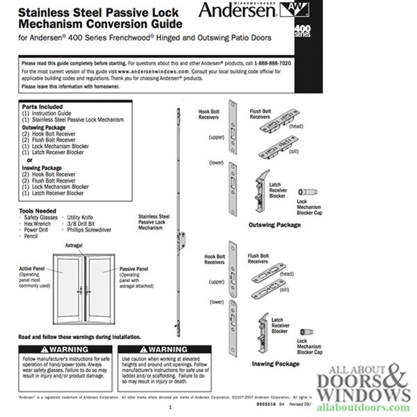 Andersen Multipoint Lock, Passive OUTSWING Door FWH80 Replac