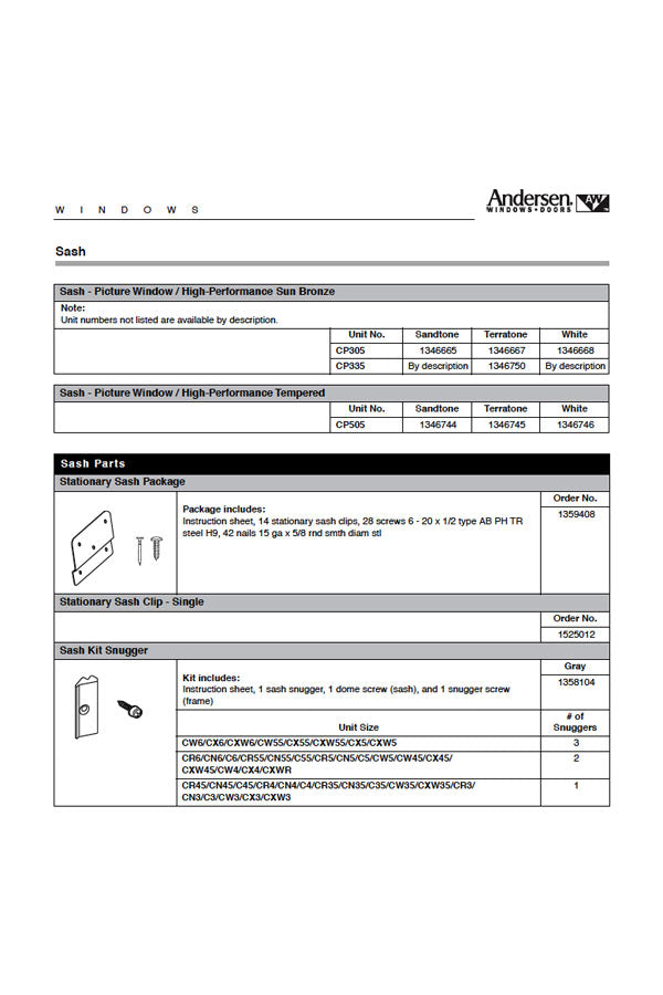 Andersen Window Stationary Sash Package, PS Improved/E-Z Cas