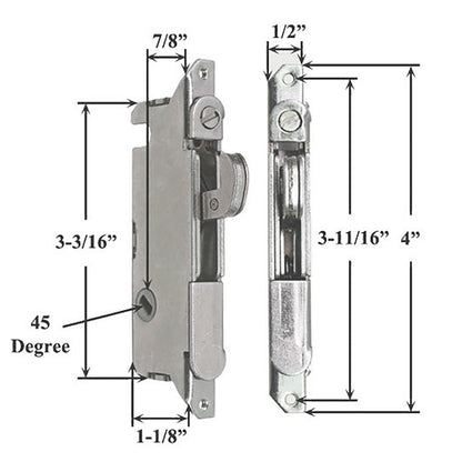 Mortise Lock, 45 degree Slot Wood & Vinyl Patio Doors, W & F Style -Stainless Steel