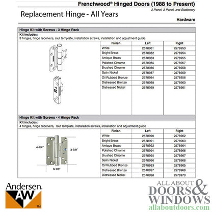 Andersen 4 Hinge Kit, Left Hand (2005-Present) - Bright Brass