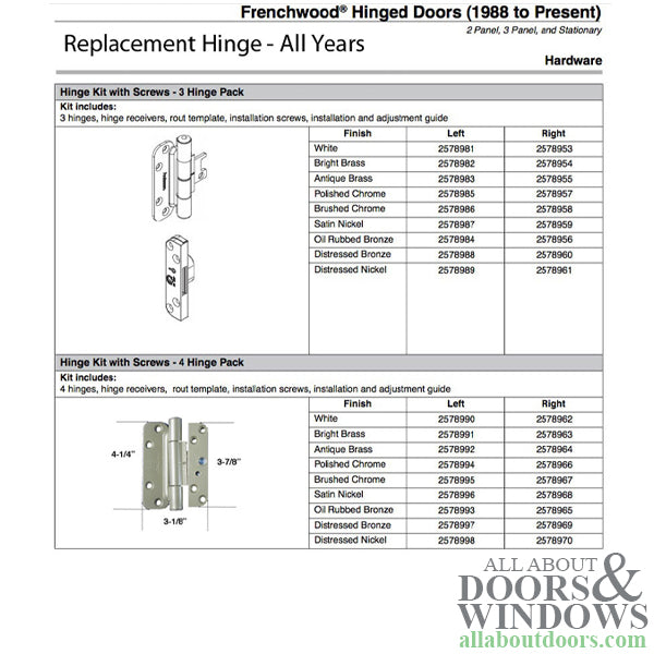Andersen 4 Hinge Kit, Left Hand (2005-Present) - Satin Nickel