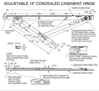 Generic Casement window 14"  Washable hinge arm  6-15/16  opening - Stainless Steel