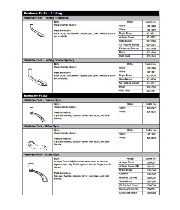 Andersen Casement Window - 200/400 Series - Hardware Pack -