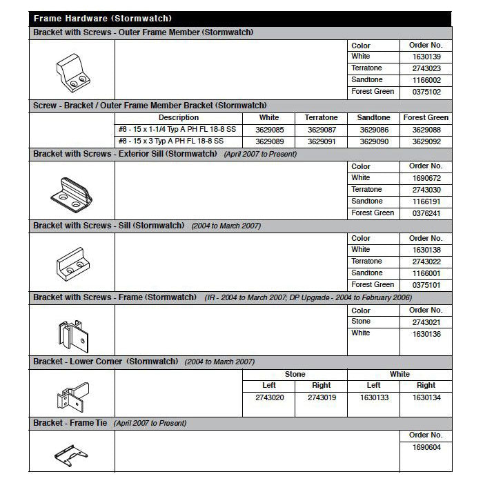 Andersen Tilt-Wash (DC) and (TW) Windows - Bracket w/screws - Sill (Stormwatch) - Terratone