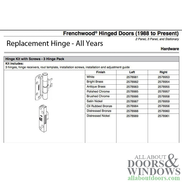 Andersen 3-Hinge Kit, Right Hand (2005-Present) - Satin Nickel