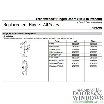Andersen 3-Hinge Kit, Right Hand (2005-Present) - Satin Nickel