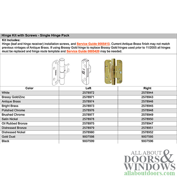 Andersen Single Hinge, Left Hand (2005-Present) - Distressed Bronze