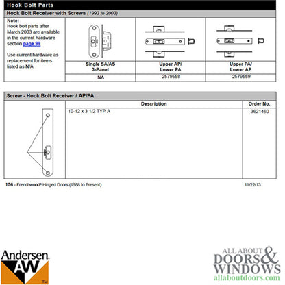 Andersen Hook Bolt Receiver - Upper AP/ Lower PA , FWH Door