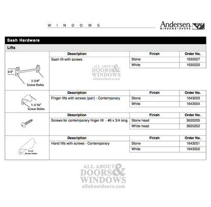 Andersen Double Hung Window Sash Lift/Handle - 4 Screw Holes, Stone