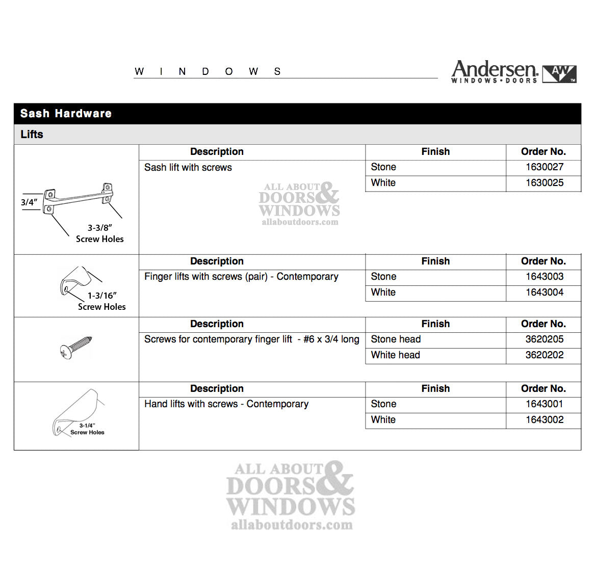 Andersen Sash Lift, 4 screw holes - White