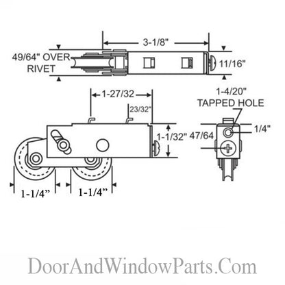 Tandem Patio Door Roller 2 Hooks, 1-1/4" Wheel