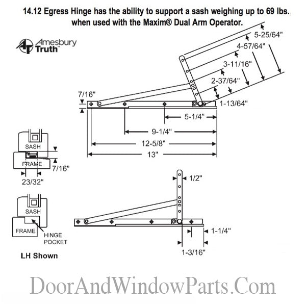 Truth 14.12.00 Egress Casement Hinge kit, 13" Track w/ Snap Ring, Pairs, Stainless Steel