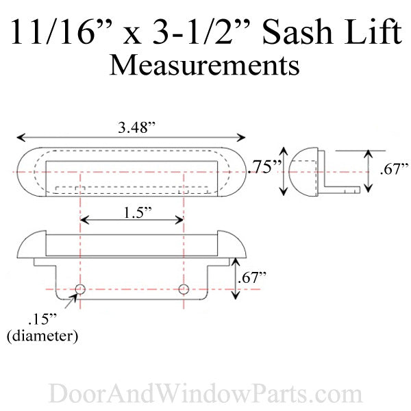 Sash Lift, 11/16 x 3-1/2 Recessed Plastic 3 holes